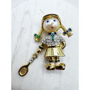 Vtg Cute Pave Rhinestone Blue & Green Goldtone Girl Tennis Player in Pigtails